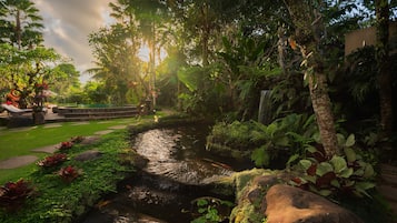 A serene garden with a small stream, lush greenery, and a stone pathway.