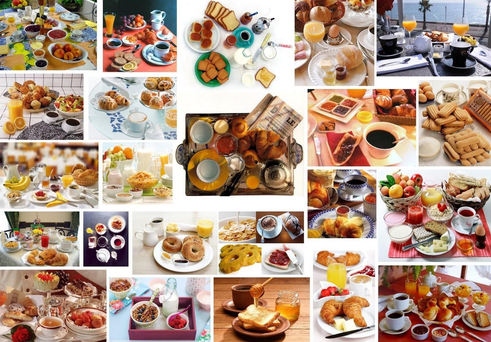 A variety of breakfast settings with different foods and beverages.