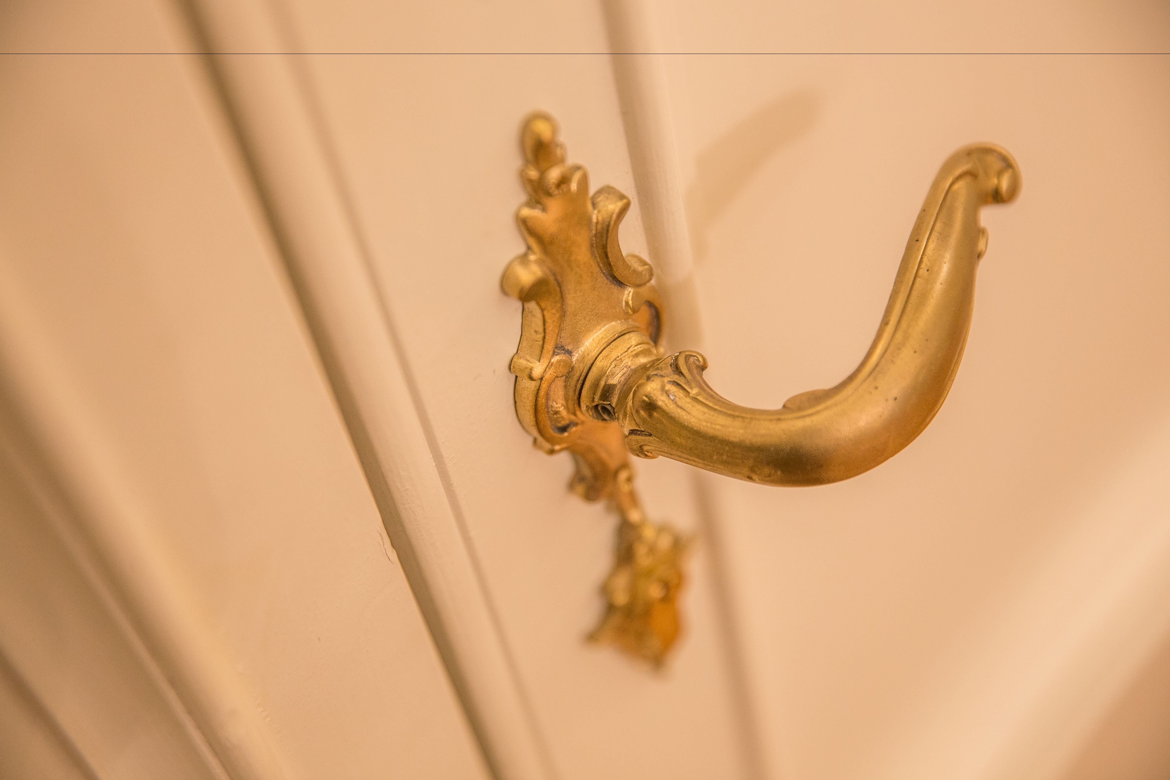 A close-up of a brass door handle with an ornate design.