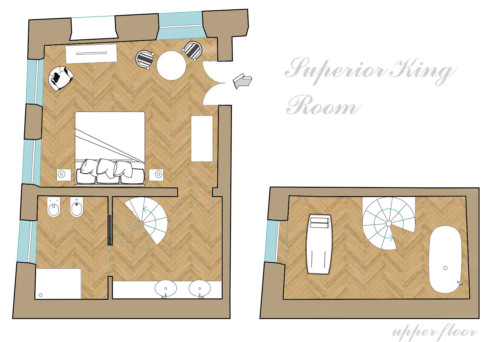 A floor plan of a Superior King Room with a herringbone-patterned wooden floor, a king-sized bed, a desk, two chairs, a small table, a trash bin, and two toilets.