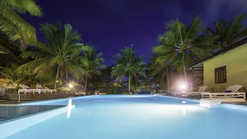 Outdoor pool, pool umbrellas, pool loungers