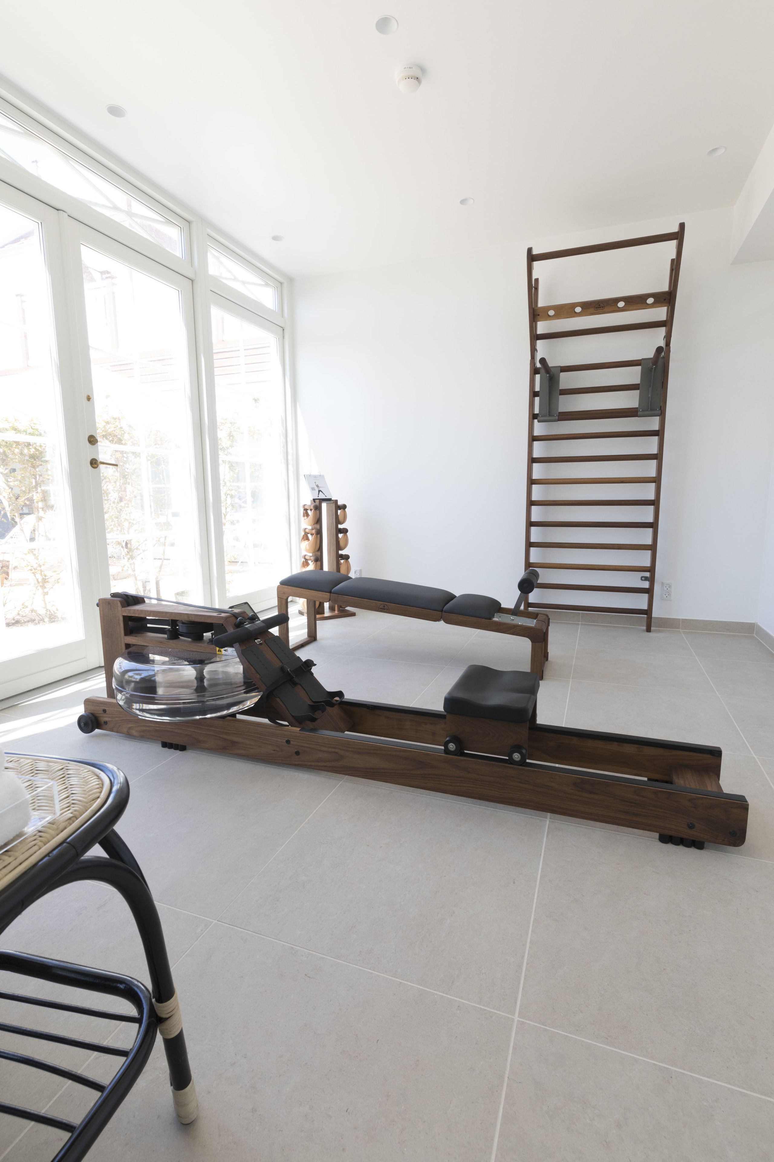 A room with a rowing machine, a bench, and a pull-up bar.
