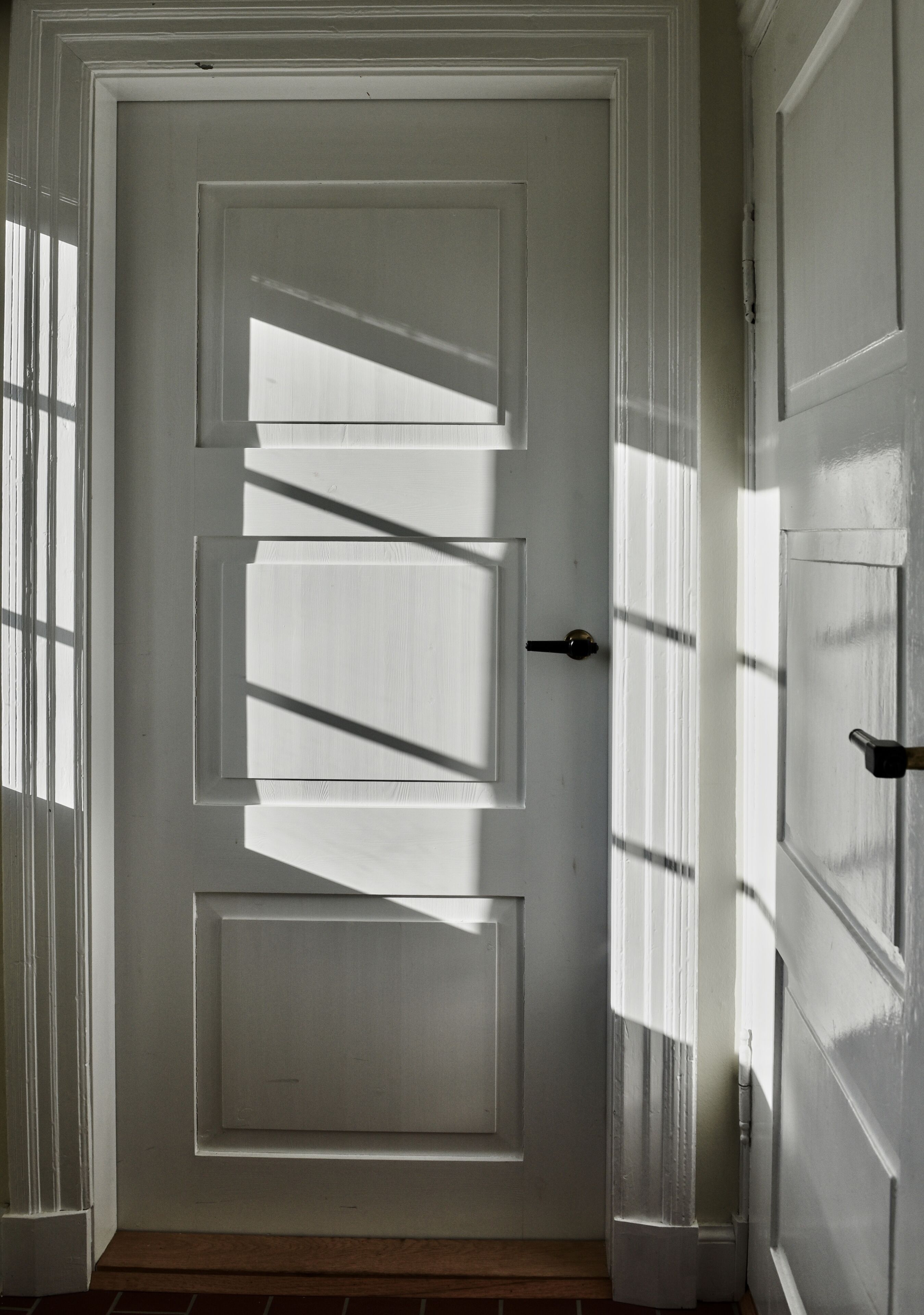 A white door with a simple design, a visible handle, and a small step leading to the entrance.