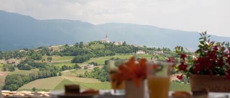 A table with a view of a vineyard and a distant church on a hill.