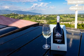 A bottle of wine and a glass on a table with a scenic view of a town and mountains in the background. - Hotel Villa del Poggio (San Pietro di Feletto)