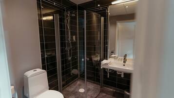 A modern bathroom with a glass-enclosed shower, a toilet, and a sink with a mirror.