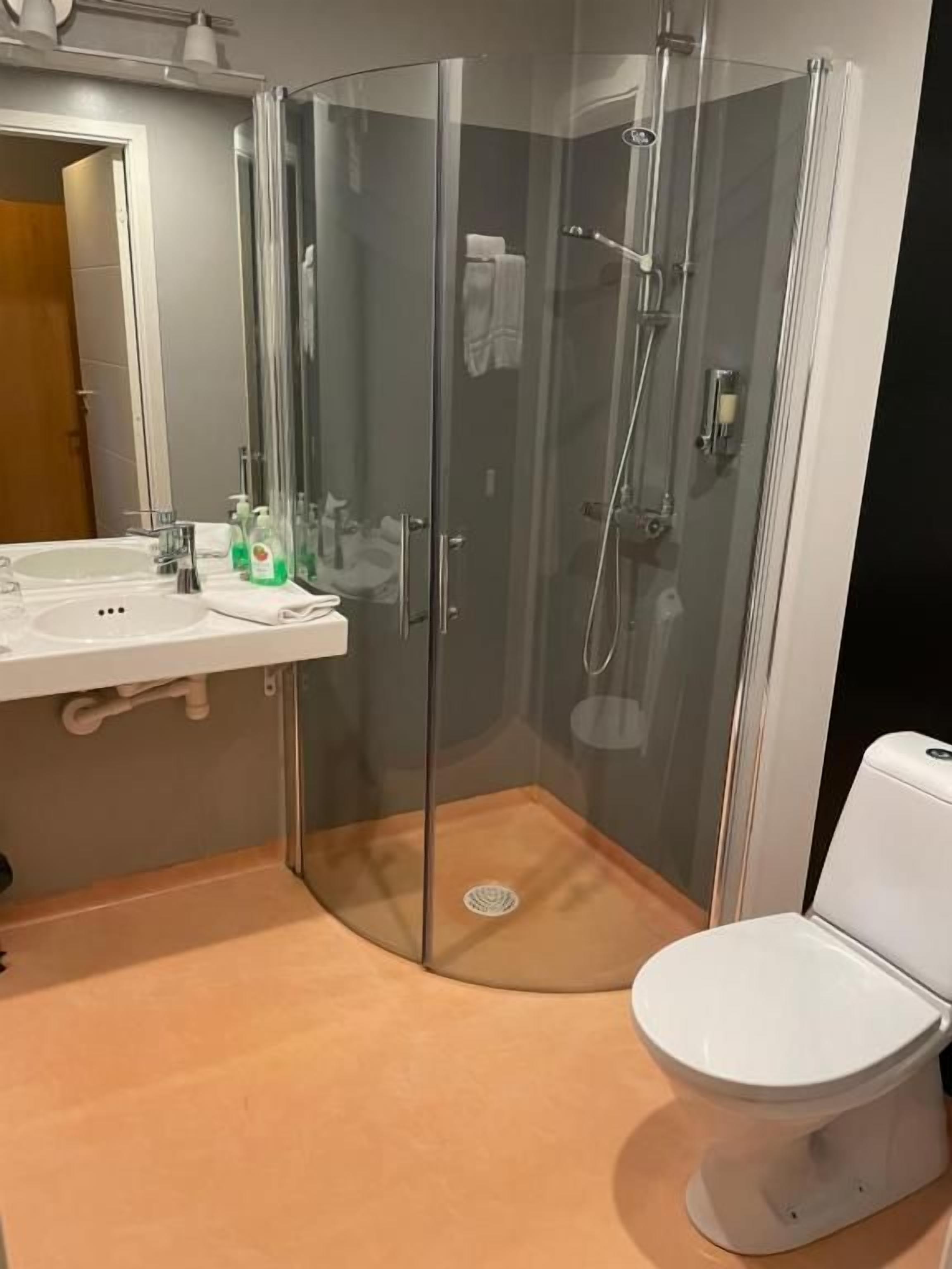A modern bathroom with a glass-enclosed shower, a white toilet, and a sink with toiletries.
