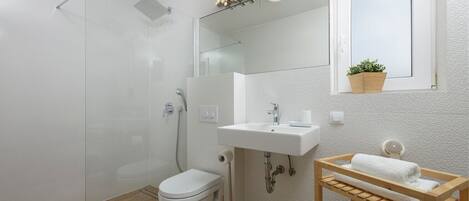 A modern bathroom with a glass shower enclosure, a white toilet, a sink with a mirror above, and a wooden vanity with a towel rack.