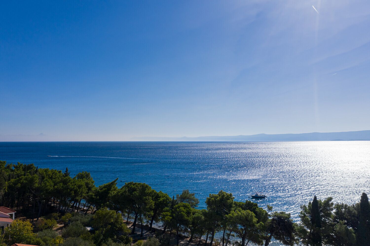 A coastal view with a clear sky, a boat on the water, and a forested area in the foreground.