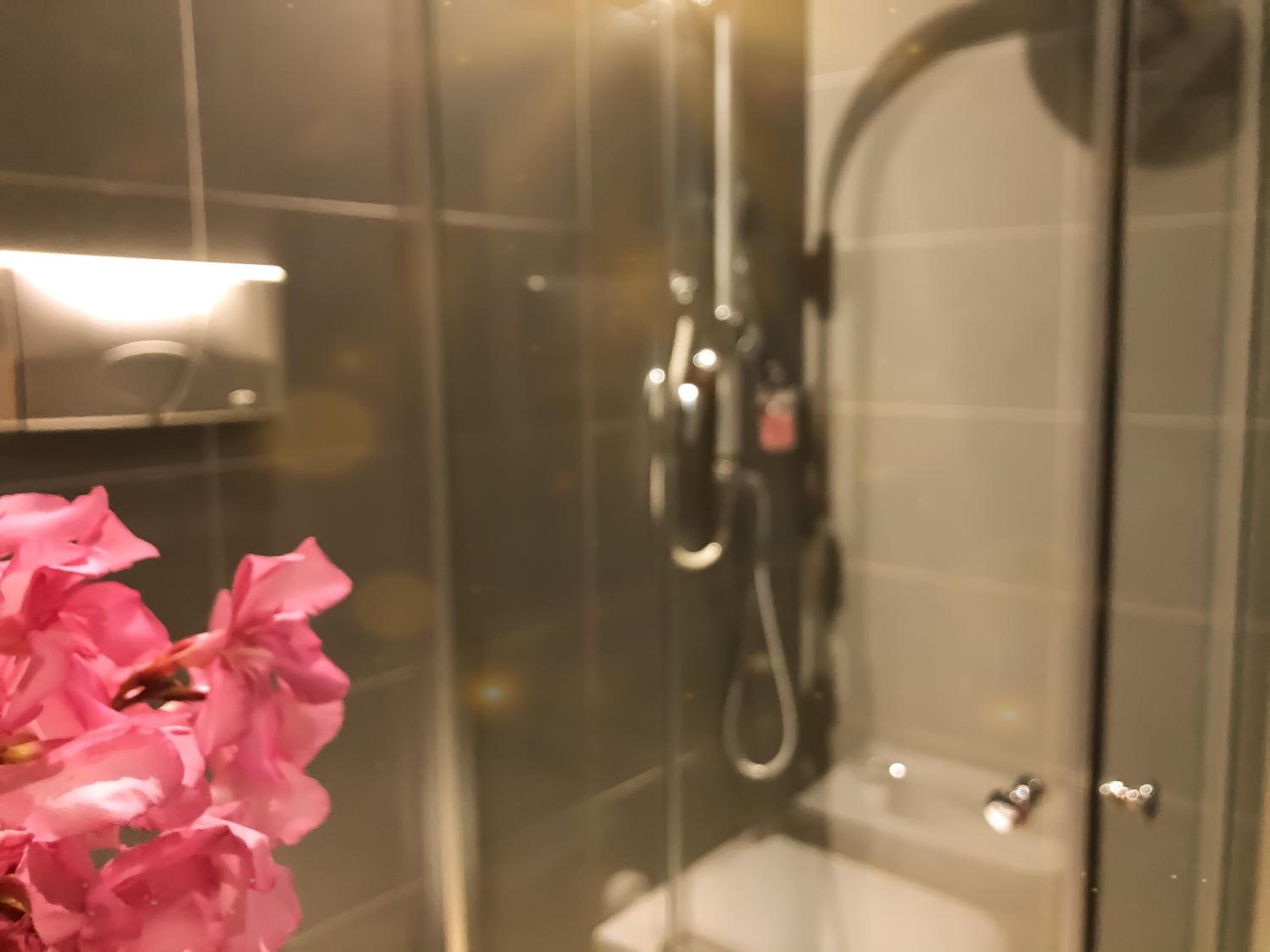 Ein Duschbereich mit Glaswänden, einer Handbrause und einem Wandarmaturen.