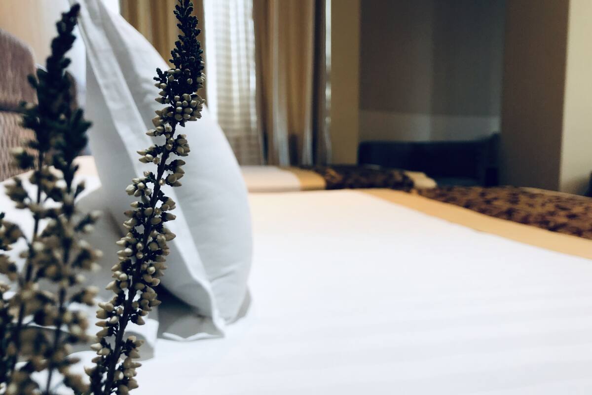Un lit bien fait, avec un oreiller blanc et une plante décorative placée au premier plan.