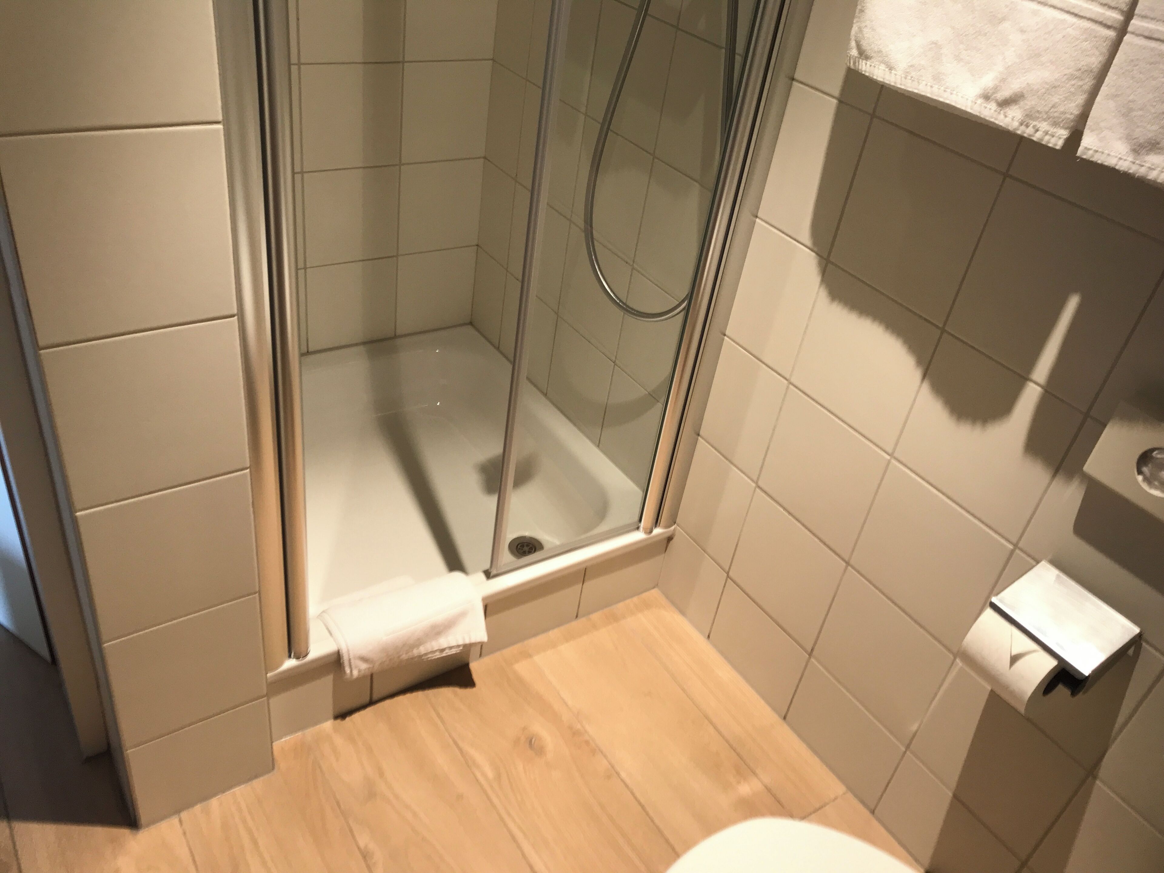 shower, rainfall showerhead, hair dryer, heated floors