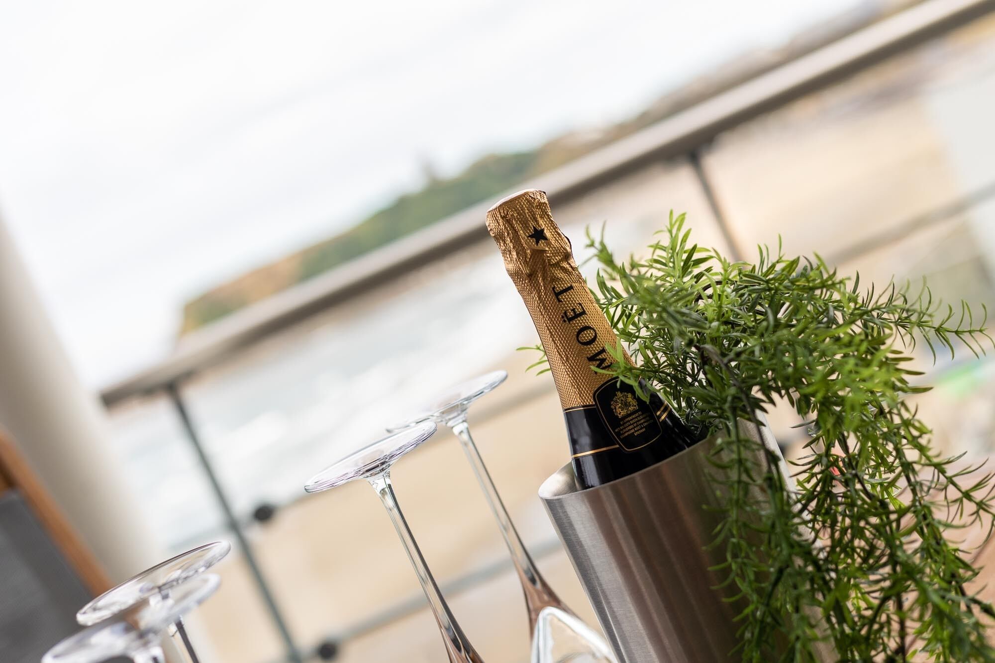 Une bouteille de champagne dans un récipient en métal, avec une plante à côté, sur un balcon offrant une vue.