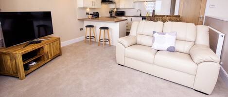 Flat-screen TV, DVD player, iPod dock