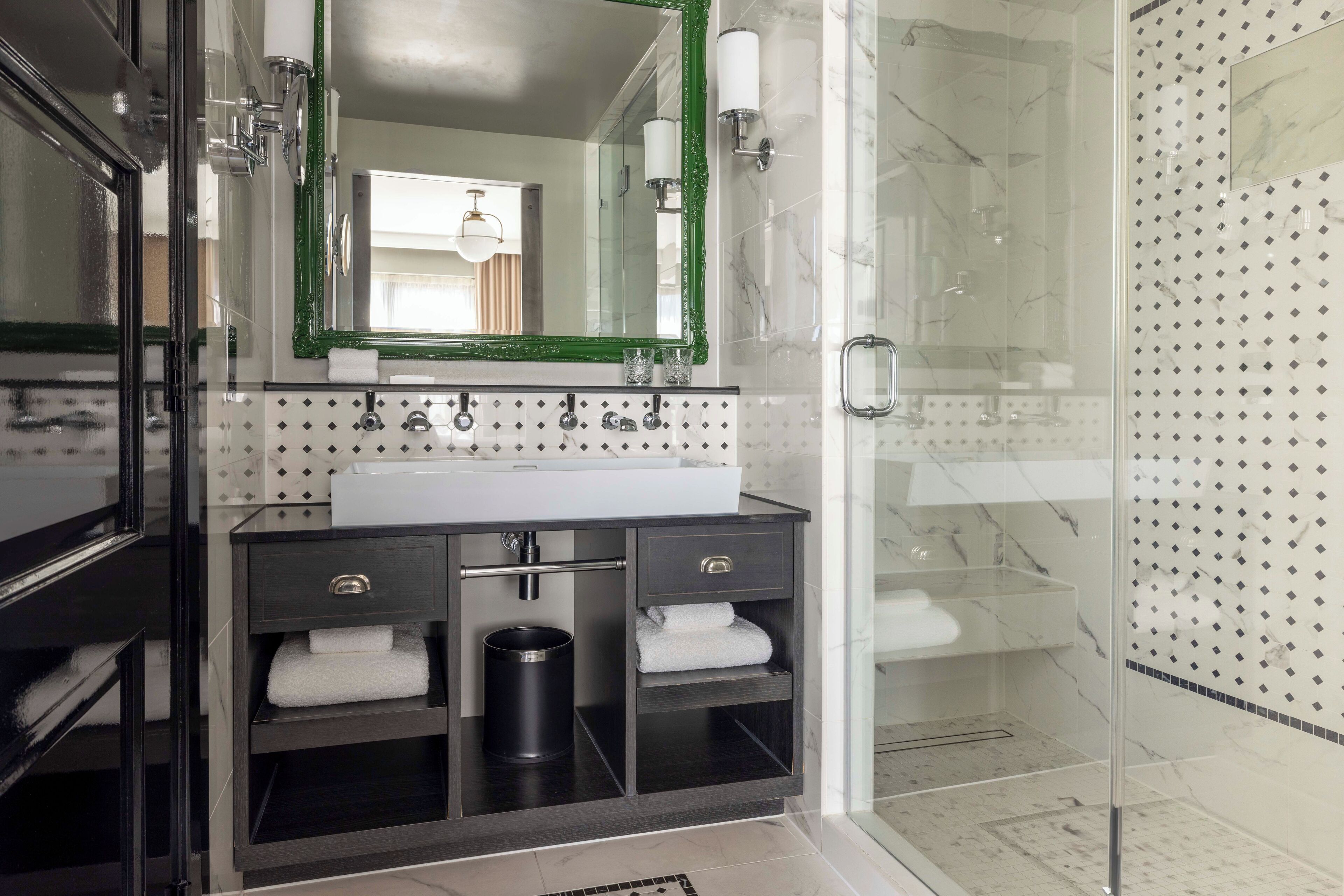 shower, rainfall showerhead, designer toiletries, hair dryer