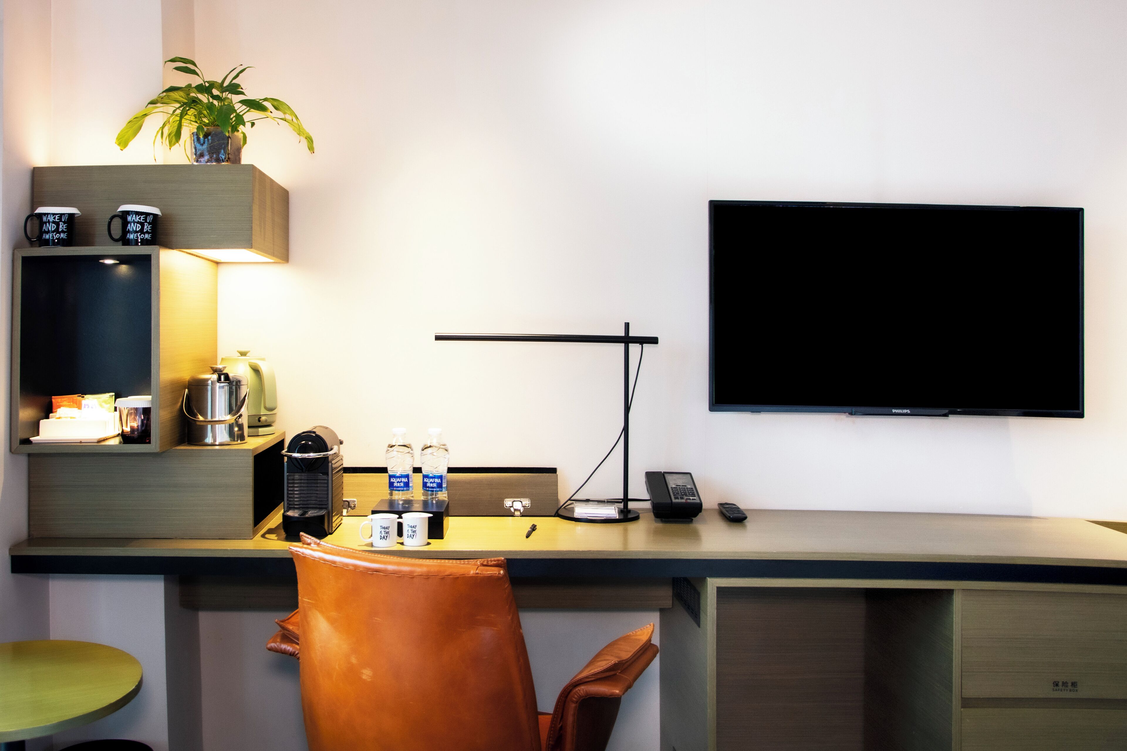 Habitación de hotel con escritorio, una silla, televisor, estante con planta y mesita de noche con lámpara y teléfono.
