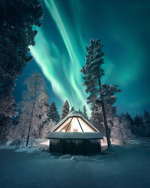 A snow-covered cabin with a triangular roof, surrounded by trees, under a night sky with aurora borealis. - Aurora Village Ivalo (Inari)