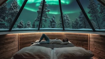 Enjoy unobstructed views of the Northern Lights from the comfort of this room's large bed.