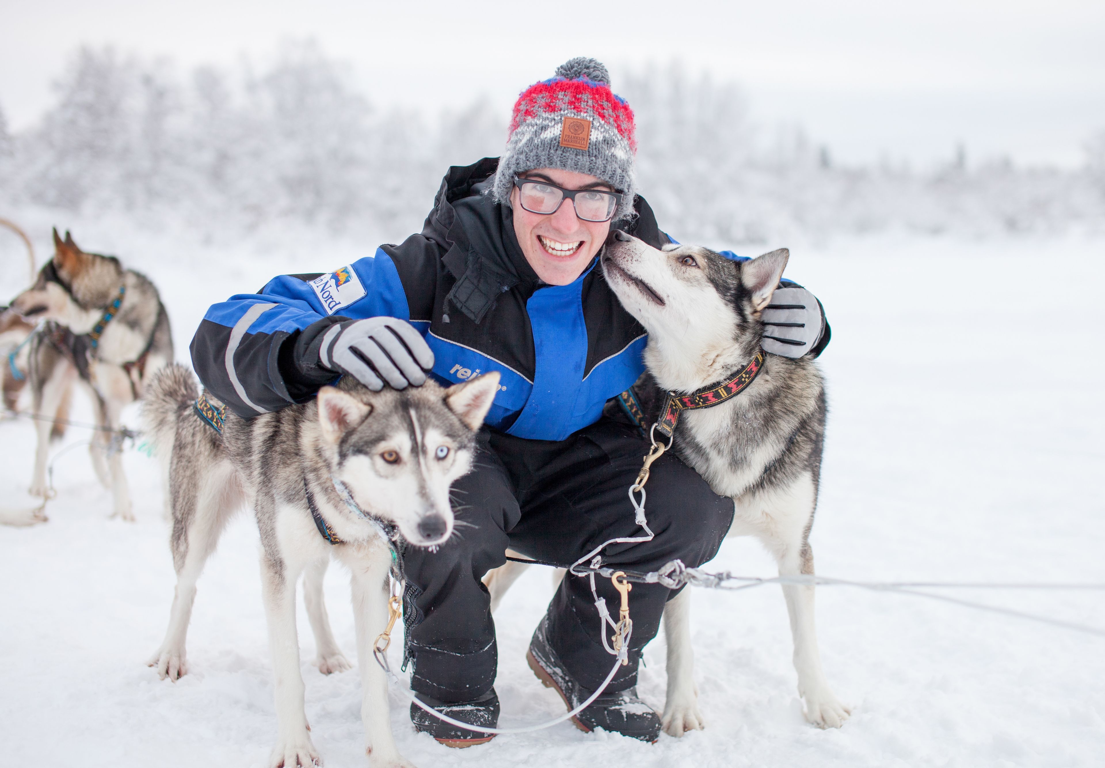 Una persona con chaqueta azul y pantalones negros interactúa con un perro husky en un entorno nevado.