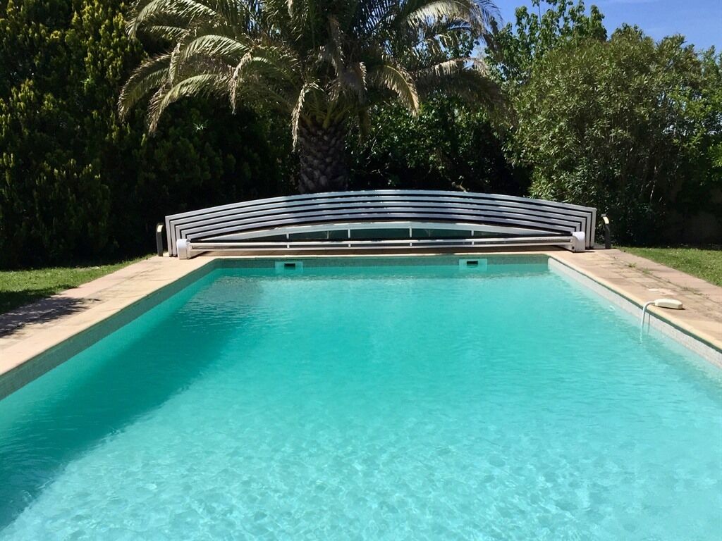 Ein rechteckiger Swimmingpool mit klarem, blauem Wasser, umgeben von einer Metallplattform und Palmen.
