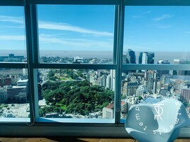 Un edificio alto con vistas a un paisaje urbano y una masa de agua.