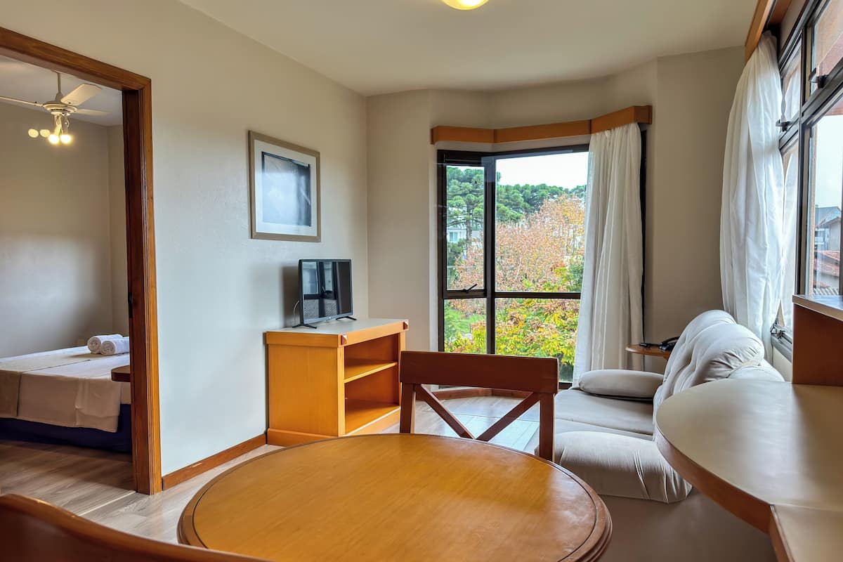 A room with a wooden dining table, a sofa, a TV on a wooden stand, and a large window with curtains.