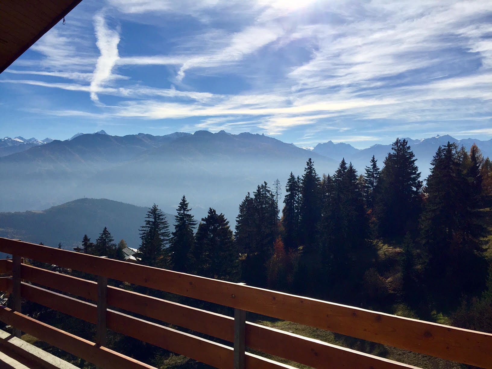 Een houten bank met uitzicht op een bergachtig landschap met dichte bossen en een heldere lucht.