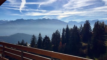 Eine Holzbank mit Blick auf eine gebirgige Landschaft, dicht bewaldet und mit blauem Himmel.