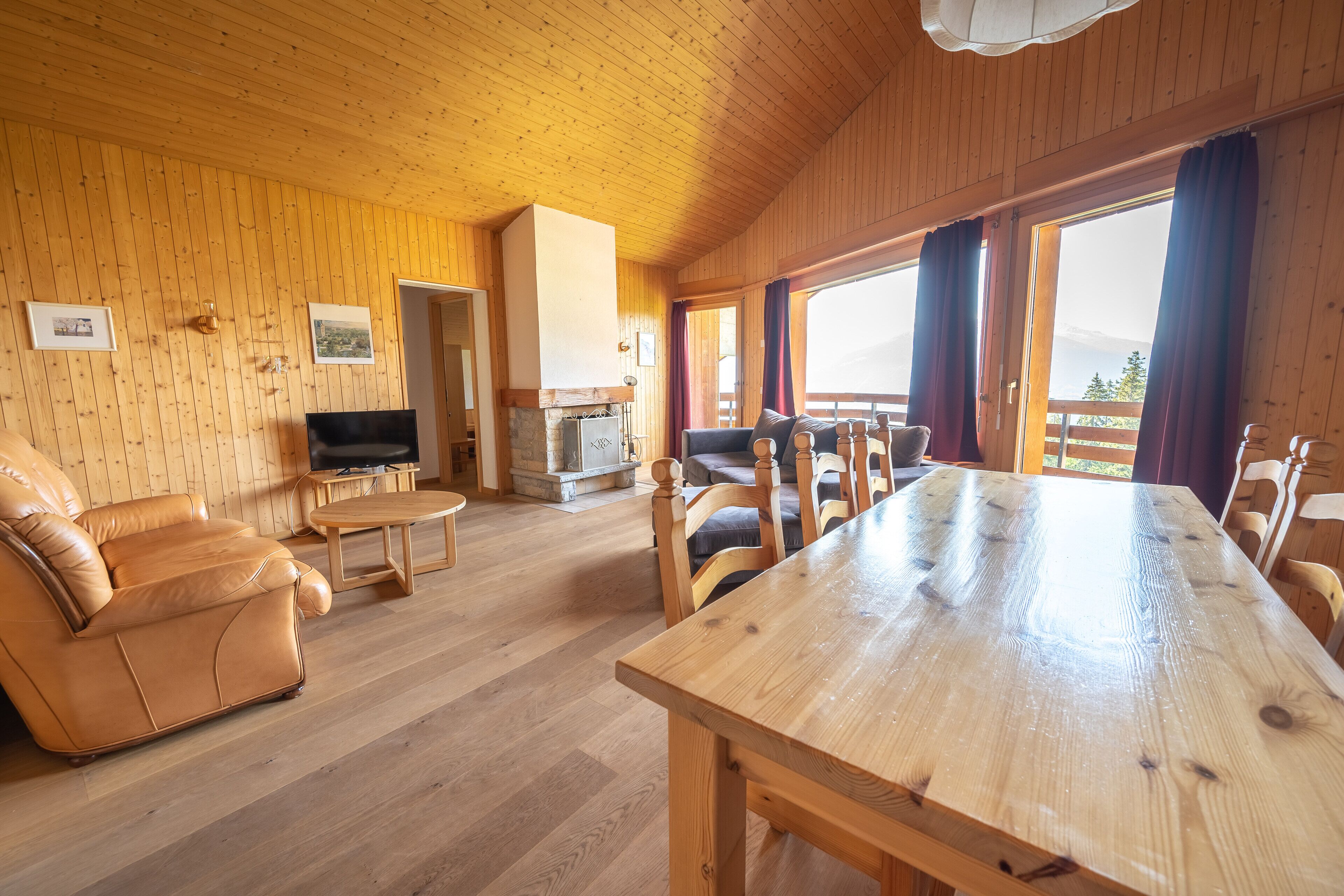 A wooden-paneled room with a sofa, a TV, a fireplace, and a dining table.