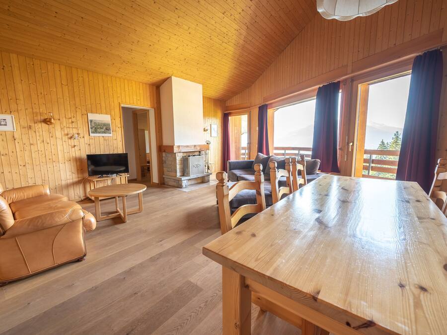 A wooden-paneled room with a sofa, a TV, a fireplace, and a dining table.