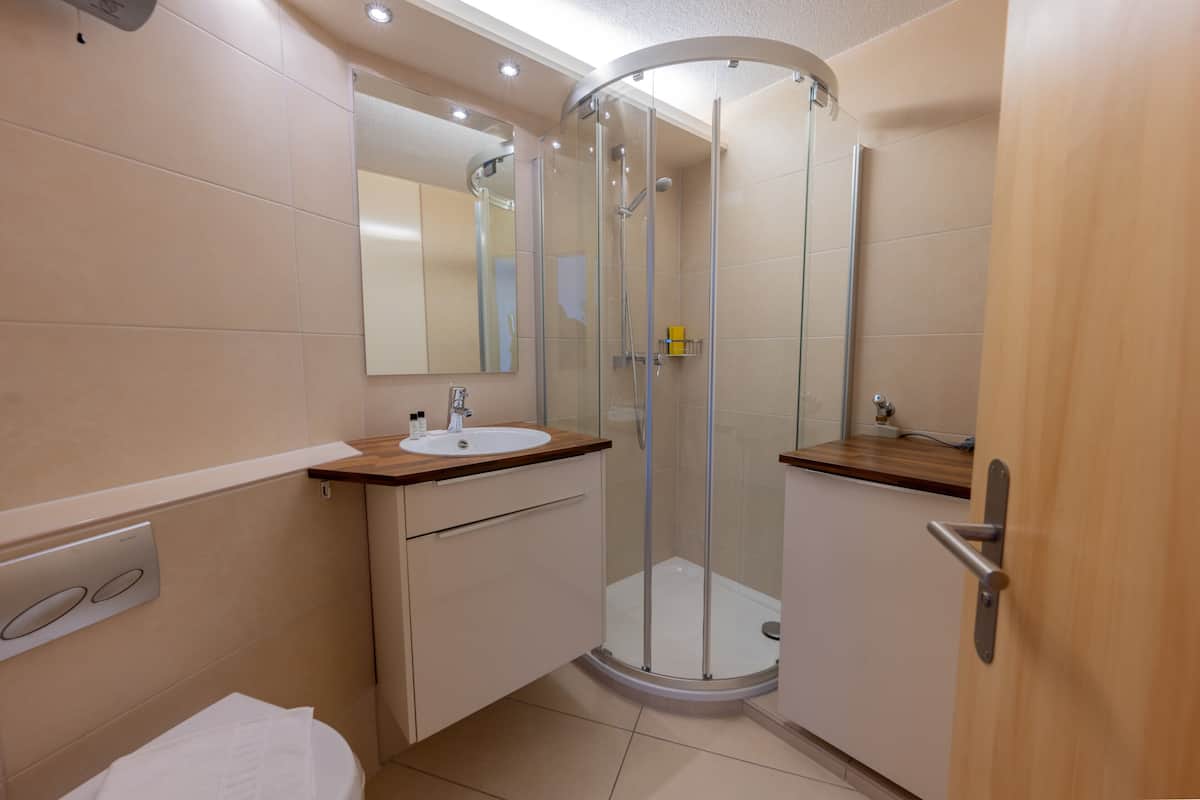 A modern bathroom with a glass-enclosed shower, a sink with a wooden countertop, and a mirror above the sink.