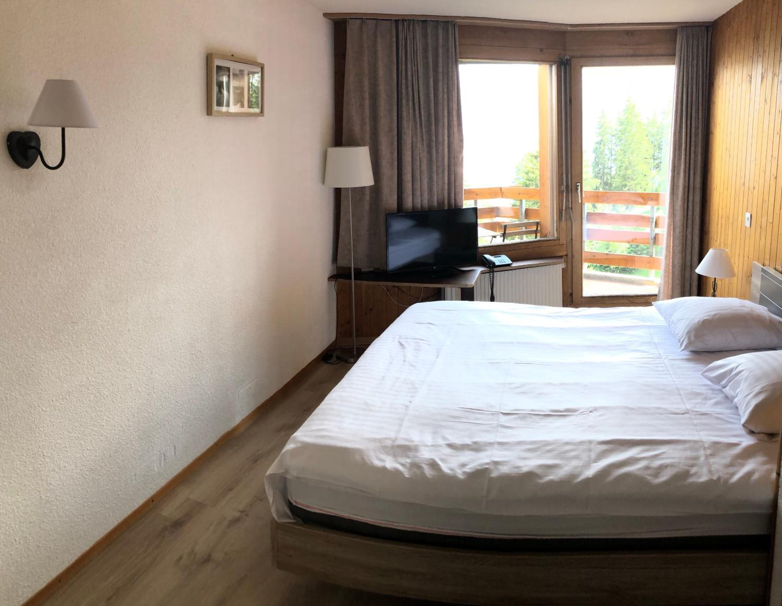 A hotel room with a bed, a television on a small table, a picture on the wall, and a view of the outdoors through the window.