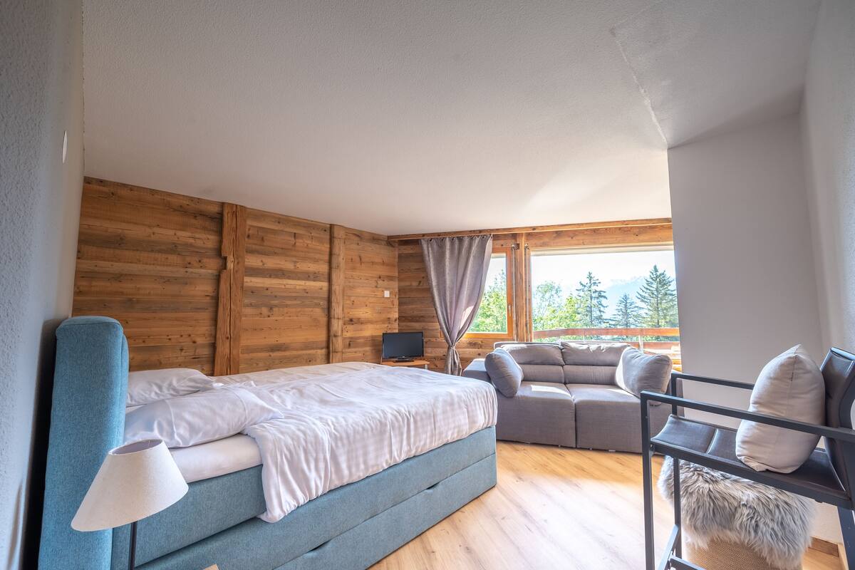 A bedroom with a bed, a sofa, a TV, and a window with a view of trees.