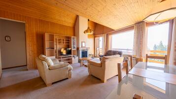 A cozy living room with wooden walls and ceiling, a TV, a fireplace, and a large window with a view.