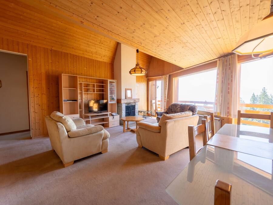 A cozy living room with wooden walls and ceiling, a TV, a fireplace, and a large window with a view.