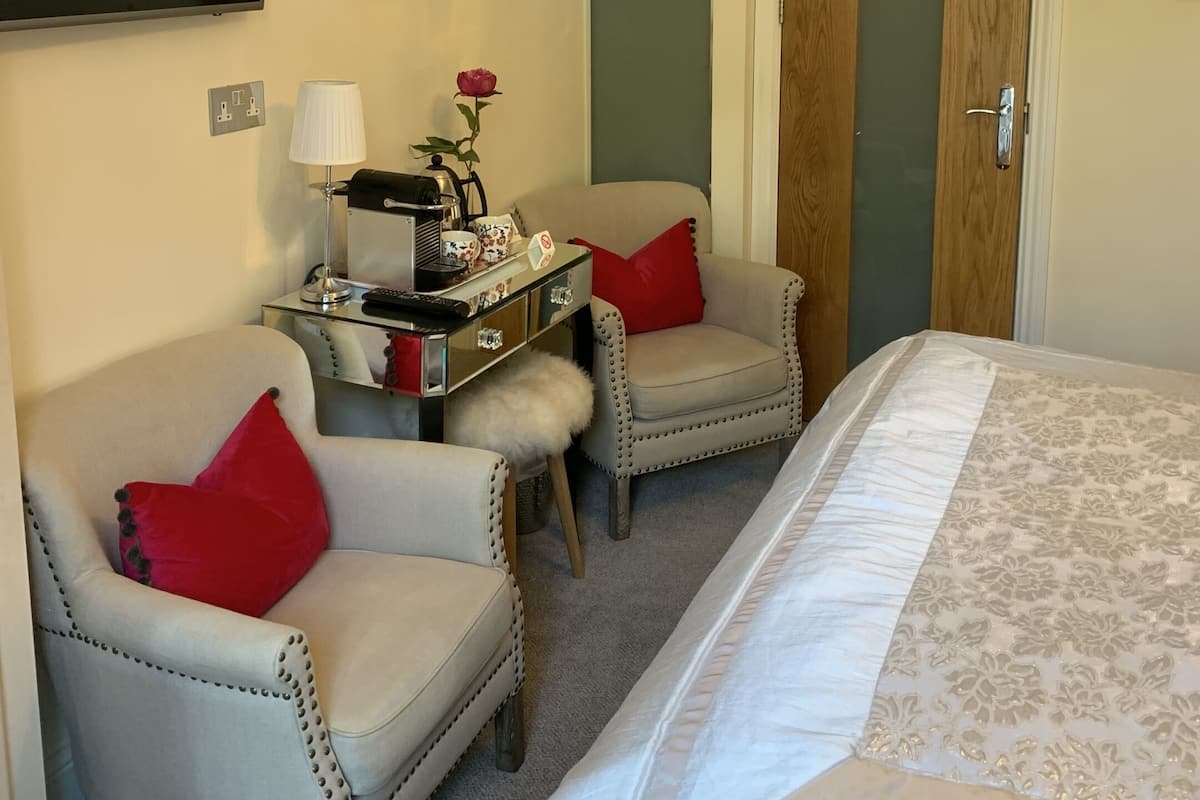 Quarto de hotel com cama, duas poltronas, televisão, quadro e lustre.