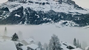 A snow-covered mountain with a forested valley and houses in the foreground. - Eigerblick (Grindelwald)
