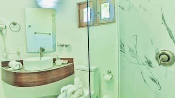 A bathroom with a wooden vanity, a white sink, a mirror, a toilet, and a glass shower enclosure.