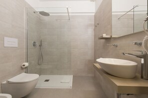 Shower, free toiletries, hair dryer, bidet