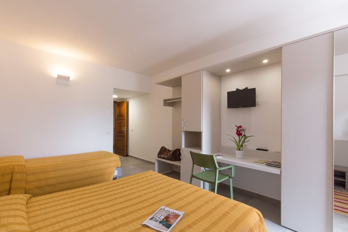 Ein Hotelzimmer mit zwei Betten, einem Schreibtisch, einem Stuhl, einem Fernseher und einer kleinen Pflanze.