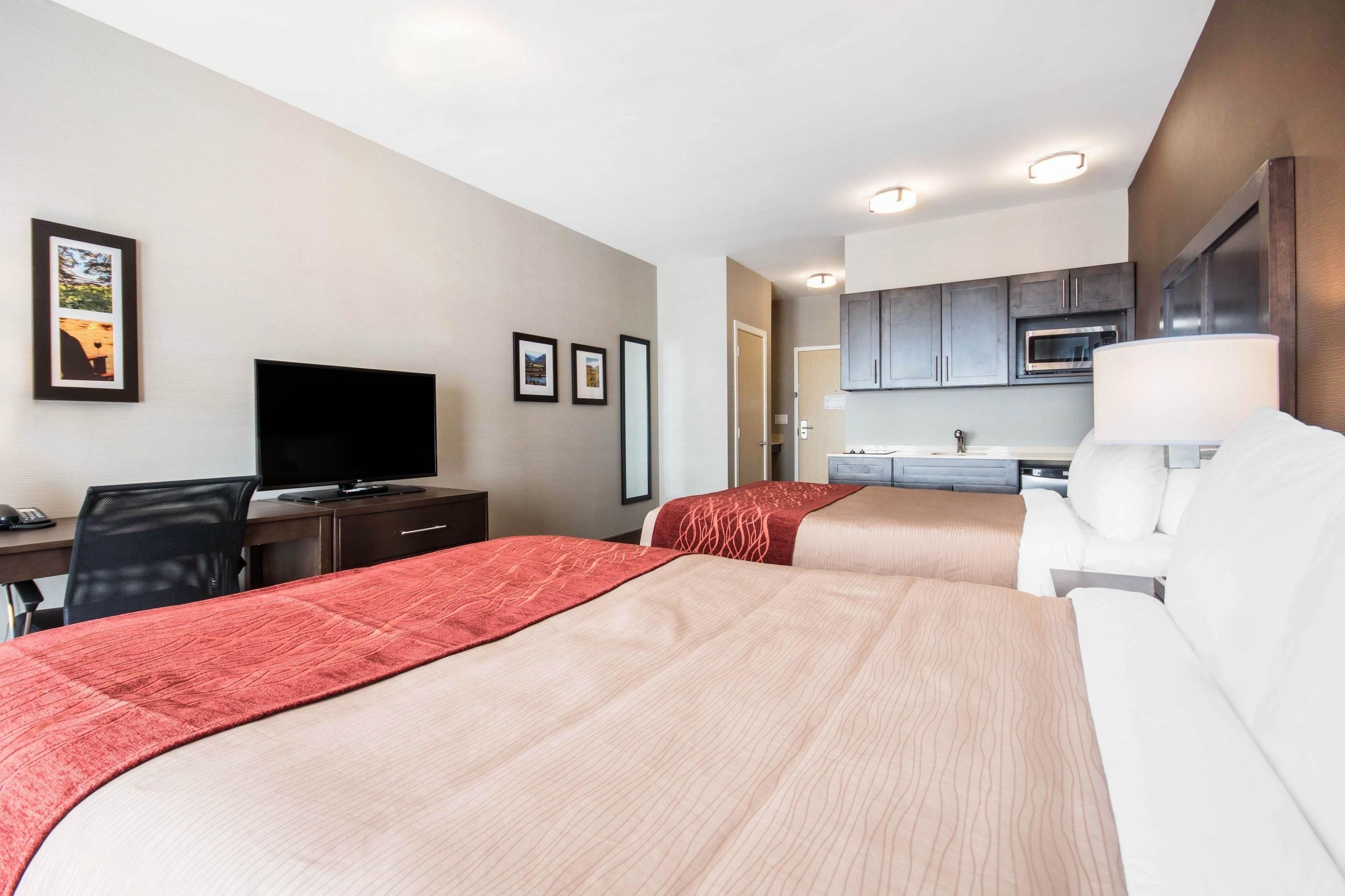 premium bedding, desk, laptop workspace, iron/ironing board