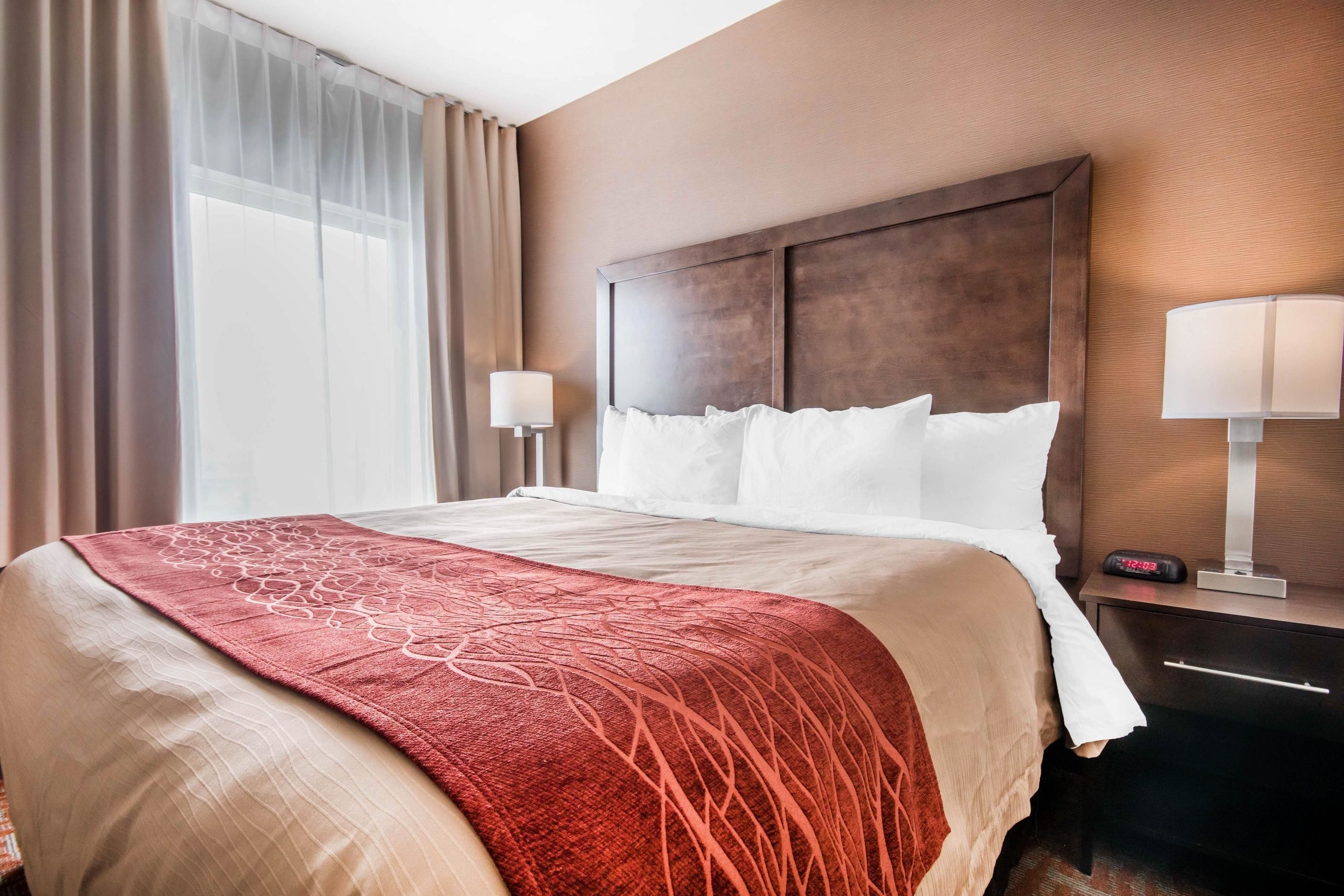 premium bedding, desk, laptop workspace, iron/ironing board