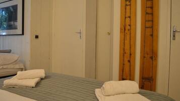 A bedroom with a bed, two doors, and a ladder leaning against one of the doors.