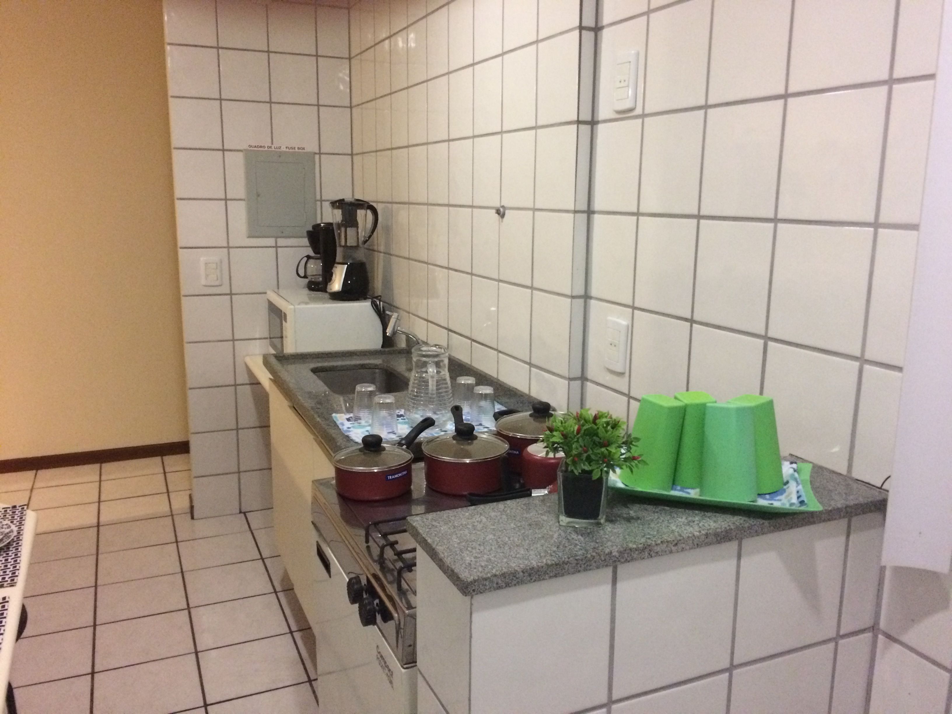 Uma cozinha compacta com fogão a gás, cafeteira e uma pequena planta em vaso.