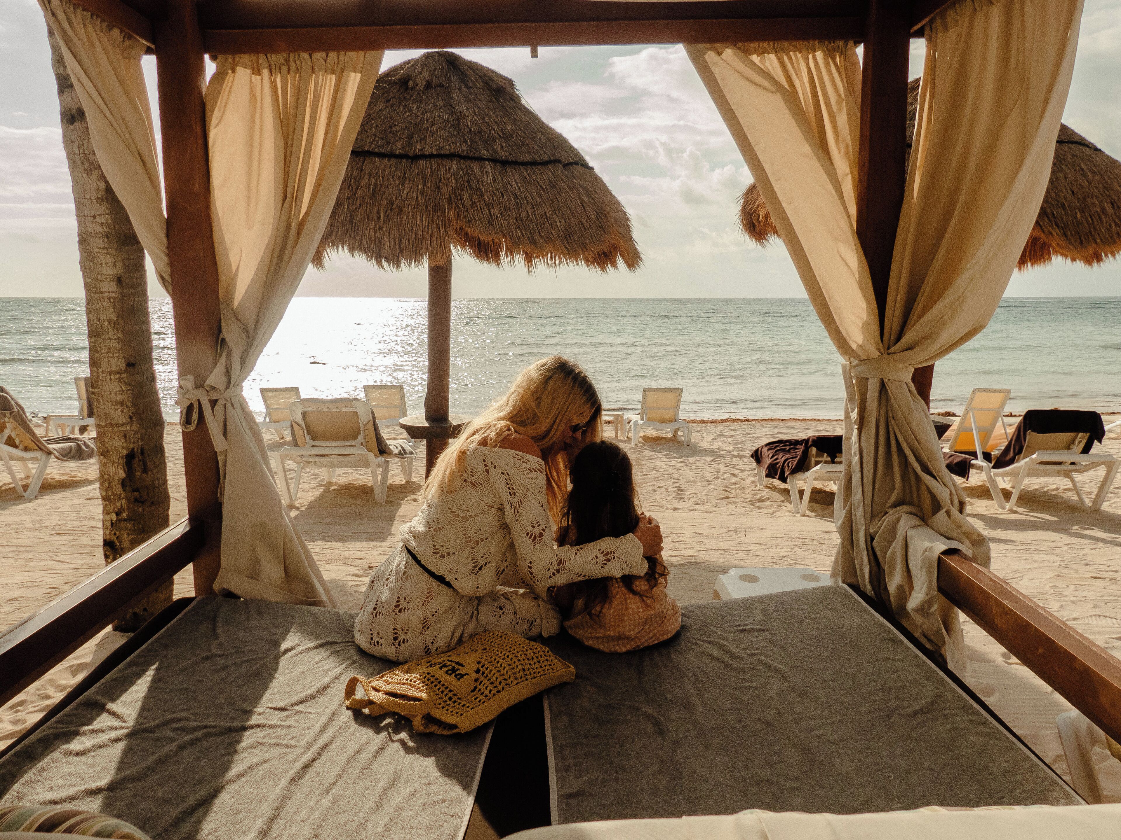 Private beach, white sand, free beach cabanas, sun loungers