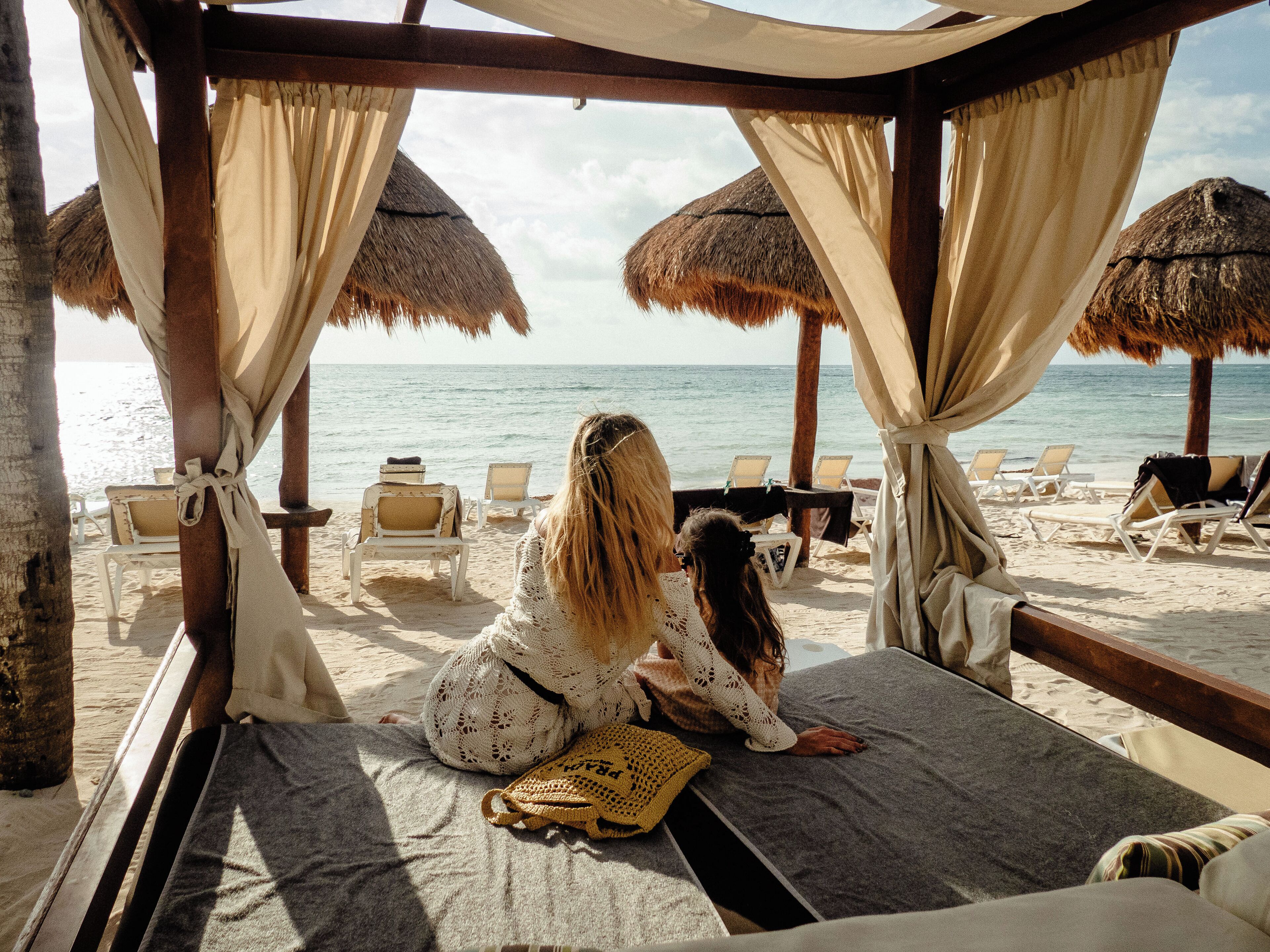 Private beach, white sand, free beach cabanas, sun loungers