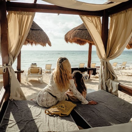 Private beach, white sand, free beach cabanas, sun loungers