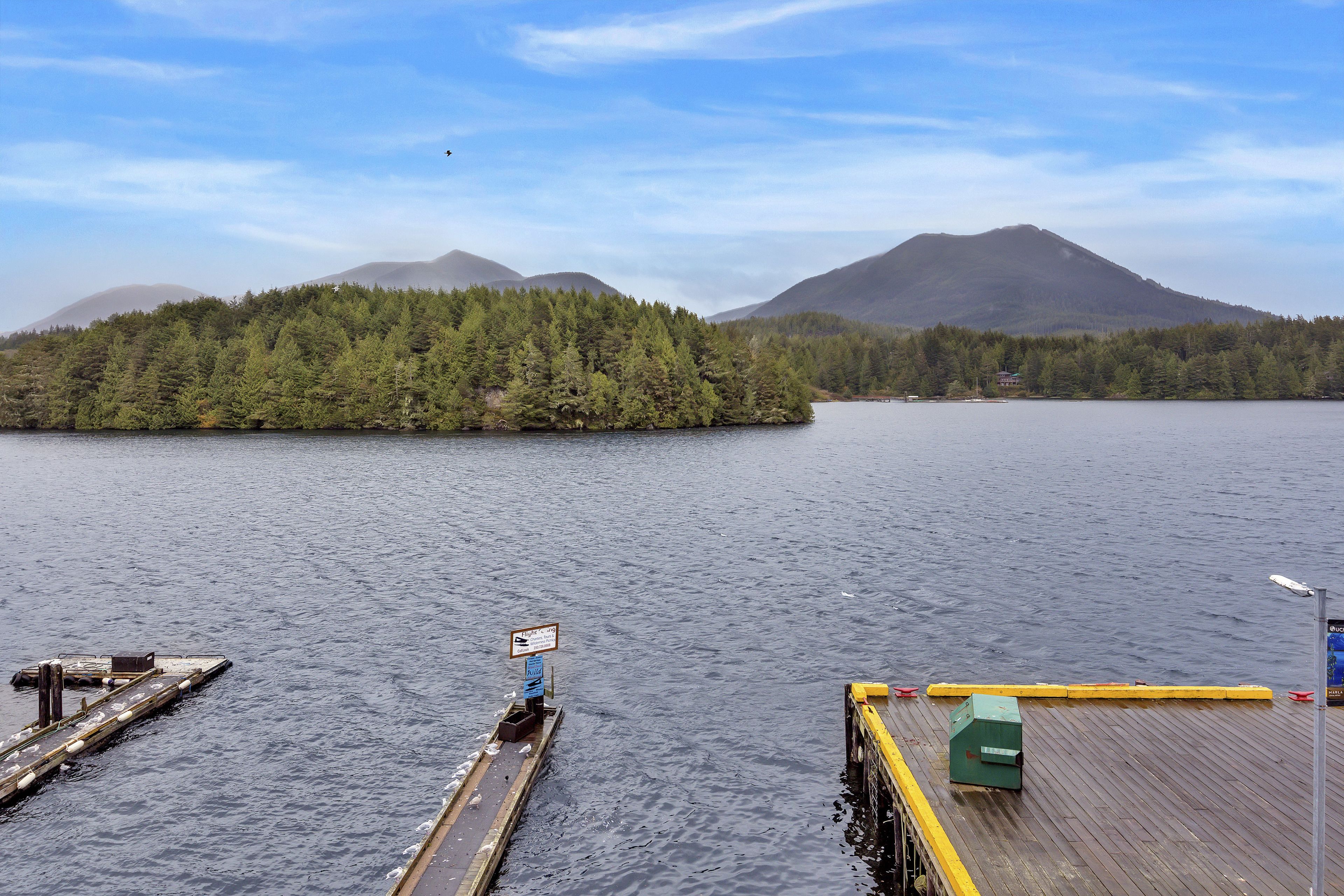 A dock extending into a calm lake with a forested island and mountains in the background.