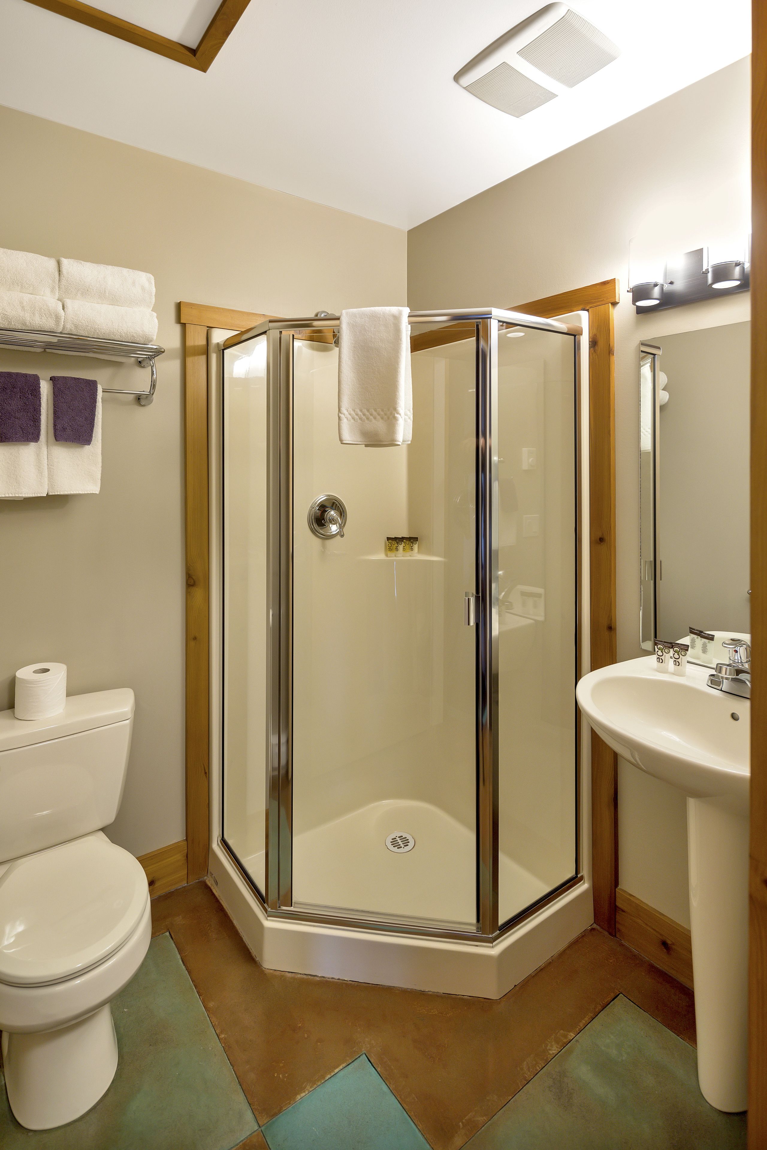 A bathroom with a glass-enclosed shower, a white sink, and a toilet.