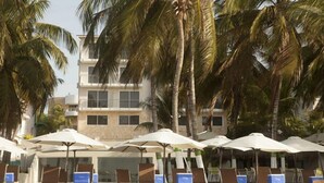 A beachside hotel with multiple lounge chairs and umbrellas, palm trees, and a building with balconies. - Yaque Beach Hotel (Díaz)